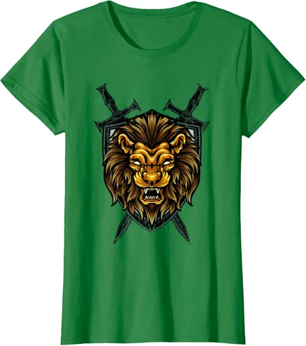 Vista 29 de Camiseta con diseño de caballero medieval renacentista, con diseño de espada de león, Negro, S