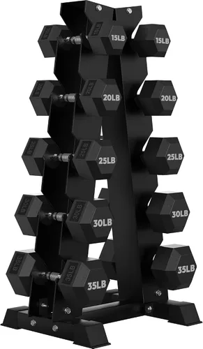 Vista 11 de HANDBODE Juego de mancuernas hexagonales recubiertas de goma con estante de marco en A, 100 libras - 600 libras, múltiples opciones
