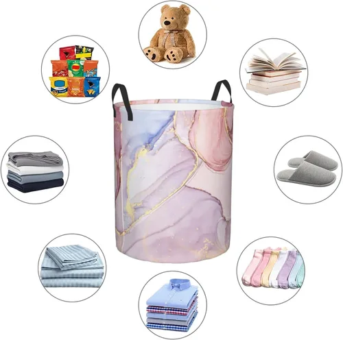 Vista 6 de Papelera de almacenamiento circular Protable con estampado de mármol púrpura y dorado, cesta para ropa sucia con asas ropa de dormitorio
