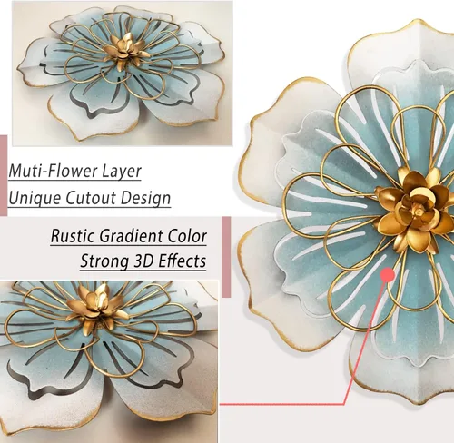 Vista 2 de Decoración artística de pared de flores de metal, escultura floral moderna y rústica de 9.5 pulgadas, hierro envejecido para colgar en la pared