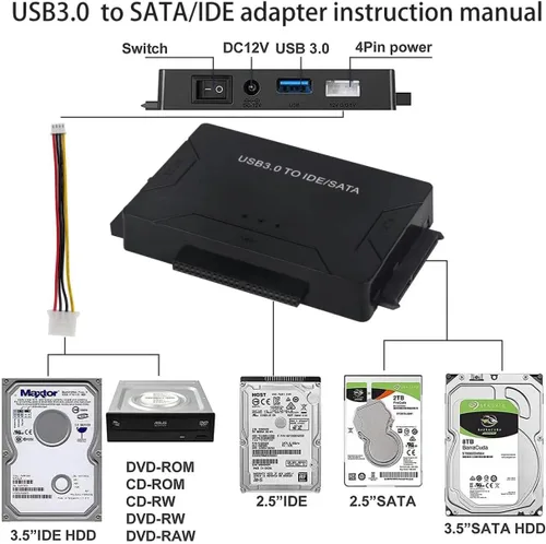 Vista 3 de Adaptador de disco duro USB 3.0 a IDE/SATA, convertidor externo para unidad óptica IDE SATA HDD SSD DVD, lector universal de disco duro con fuente