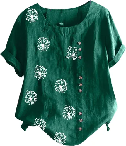Vista 4 de DASAYO Camiseta de lino de algodón con estampado floral para mujer, con botones, cuello redondo, blusa holgada de moda para salir