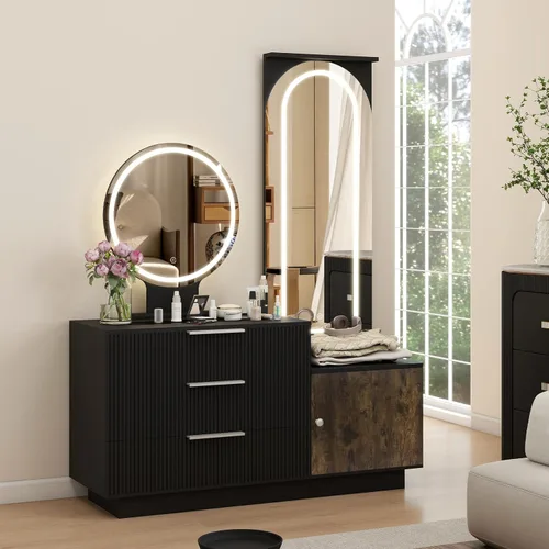 Vista 4 de ARTETHYS Escritorio de tocador con espejo y luces, tocador de maquillaje negro con estación de carga y espejo de longitud completa con parte