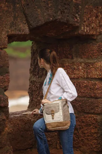 Vista 2 de Myra Bag Canvas Mexican Bag - Fabric Boho Purses for Women with Genuine Leather Detailing and Chic Southwestern Design