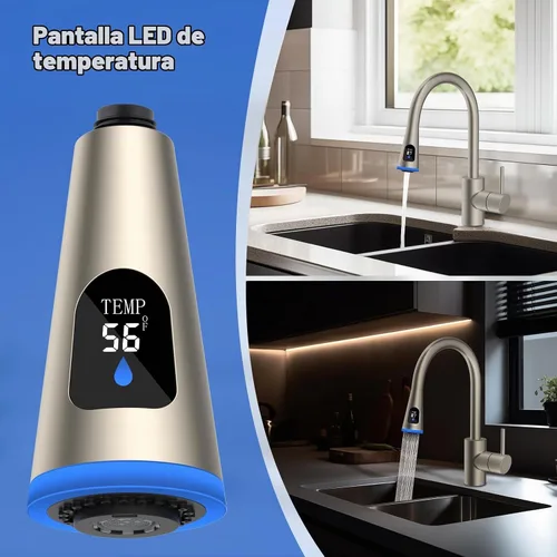 Vista 5 de Cabezal de grifo de cocina LED, pantalla de temperatura, rociador de 4 Níquel cepillado
