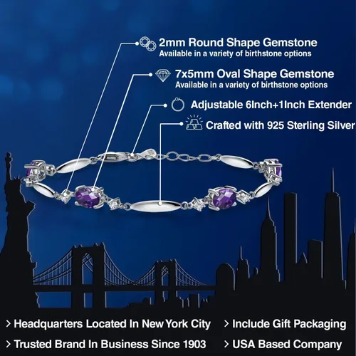Vista 42 de Gem Stone King 925 Sterling Silver Gemstone Birthstone and White Created Sapphire Tennis Bracelet For Women Oval 7X5MM and 2MM 6 Inch + 1 Inch