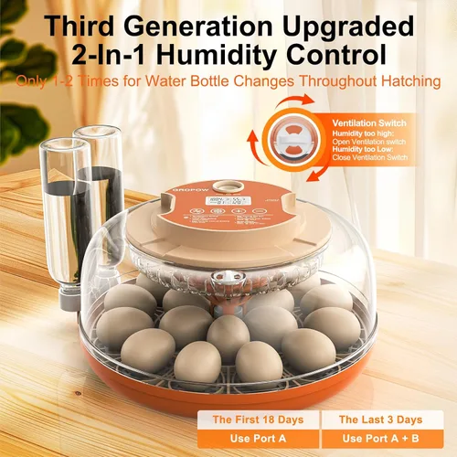 Vista 5 de Incubadora de 18 huevos, giro automático con control de temperatura y humedad, vela de huevos, vista 360 con ventilación de aire, recarga automática