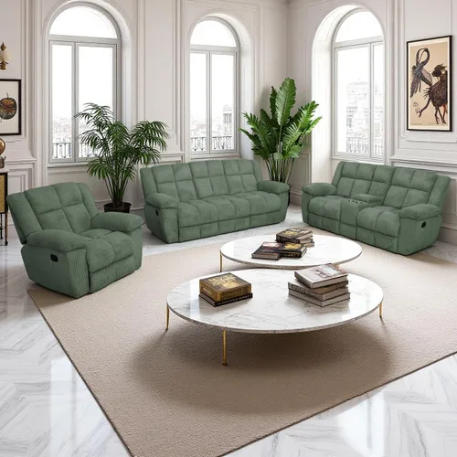 Vista 10 de Juego de sofá reclinable manual de pana extragrande para sala de estar, juego de sofá de pana con mesa desplegable y portavasos para Beige