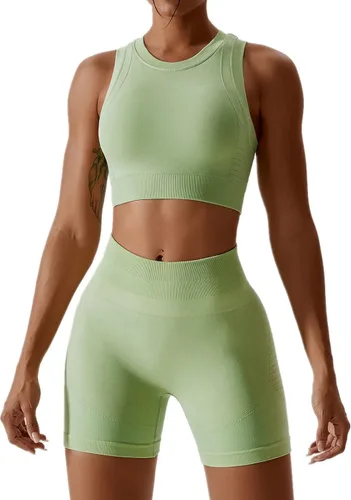 Vista 46 de Conjuntos de entrenamiento para mujer, 2 piezas, sin costuras, acanalada, sin mangas, brasier deportivo, cintura alta, pantalones cortos