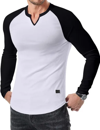 Vista 25 de JMIERR Camisetas de manga larga para hombre, estilo casual, cuello en V Negro+Blanco
