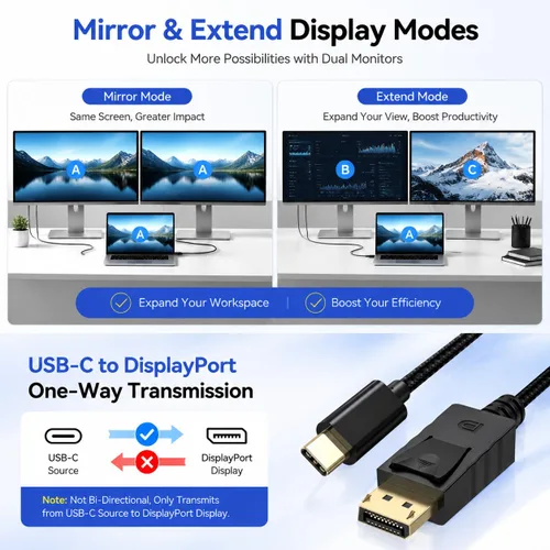 Vista 4 de Cable USB C a DisplayPort 1.4 de 8K de 6.6 pies con pestillo, 8K @60Hz 4K a 144Hz USB C a DP, USB-C a puerto de pantalla, cable Thunderbolt 4/3