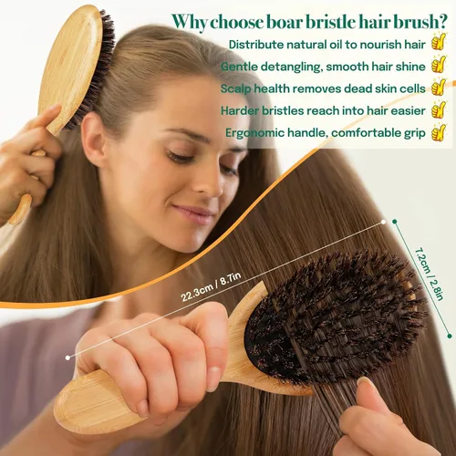 Vista 4 de Sofmild Juego de cepillos de pelo de bambú natural para mujeres, hombres y niños, cepillo desenredante para cabello grueso y rizado y húmedo Negro