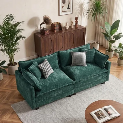 Vista 70 de Sofá individual modular de chenilla con otomana, sofá nube con almohada, color beige