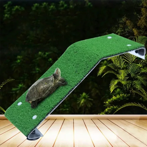 Vista 3 de Gigicloud Plataforma para tomar tortugas, simulación de césped para escalar, mesa de secado de tortuga, rampa de tortuga de césped para tanque