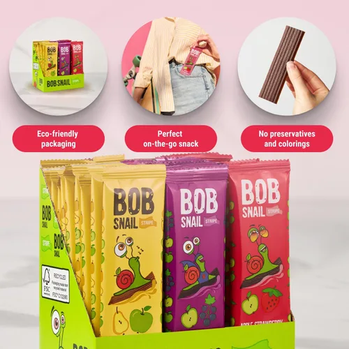 Vista 5 de BOB SNAIL Bocadillos de fruta saludables para niños y adultos – 30 bocadillos de fruta en tiras con sabor a manzana-pera, fresa, grosella negra