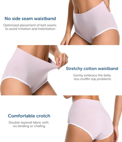 Vista 2 de Comfneat Paquete de 4 calzoncillos de cintura alta para mujer, ropa interior elástica de algodón y elastano
