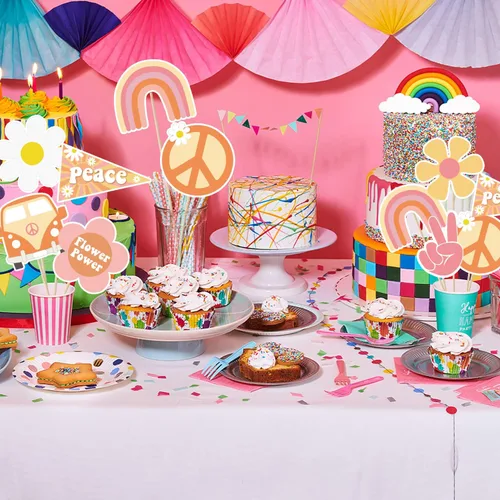 Vista 5 de 30 piezas de centros de mesa de fiesta estilo bohemio estilo hippie retro para mesas, arco iris, mariposa, margarita, flor, decoración