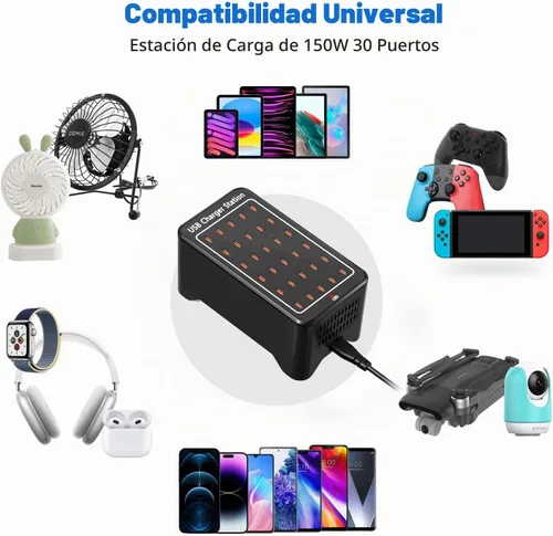 Vista 2 de Estación de carga USB C de 150 W, bloque de cargador USB de 30 puertos, concentrador de carga USB, cargador USB C multipuerto, cargador