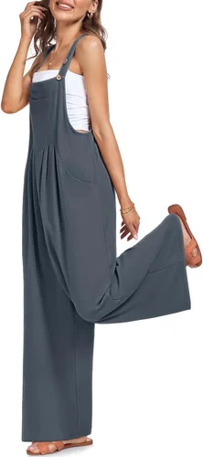 Vista 2 de UEU Overol casual sin mangas con tirantes para mujer, overol de pierna ancha, holgado, con bolsillos