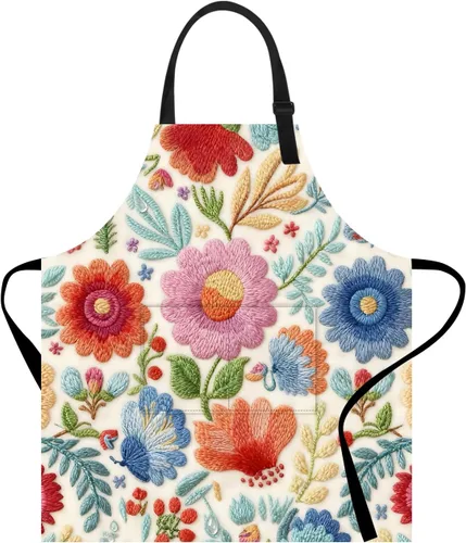 Vista 16 de Delantal divertido con bolsillo para mujeres y hombres, delantal de cocina ajustable para barbacoa y horneado con lindos animales y flores