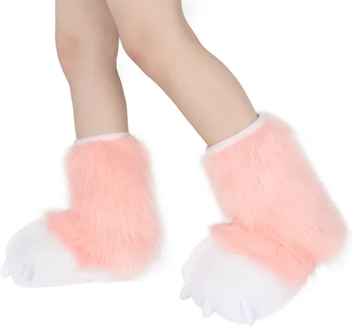 Vista 2 de Pantuflas peludas con patas de oso, gato, lobo, zorro, animales, botas peludas, accesorios de disfraz para adultos, Halloween, cosplay