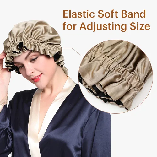 Vista 3 de LilySilk Gorra con forro de seda pura para mujer, doble capa, cintas ajustables, gorra de seda natural de lujo para dormir café + negro