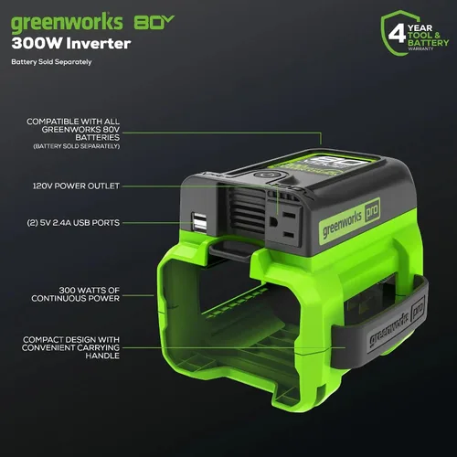 Vista 2 de Greenworks Inversor de corriente Pro de 80 V (300 vatios), 120 V CA, para cargar dispositivos electrónicos pequeños, teléfonos inteligentes