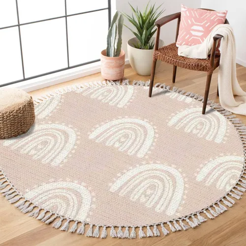 Vista 9 de Alfombra redonda bohemia para niños, dibujada a mano sin costuras con arco iris rosa pastel, alfombra de verano para bebé, alfombra de lino, Multi3