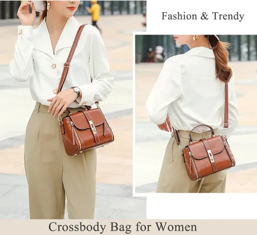 Vista 2 de Crossbody Bag for Women Fashion Designer Shoulder Purse Leather Top-handle Satchel Brown Classic Handbags for Ladies