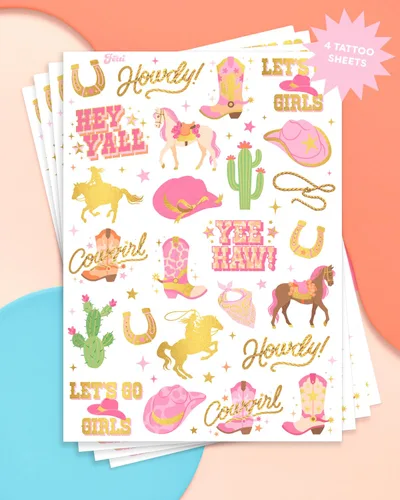 Vista 2 de xo, Fetti Cowgirl 100 tatuajes temporales de lámina dorada Decoraciones de fiesta de cumpleaños, accesorio de vaquera Giddy Up, recuerdo temático