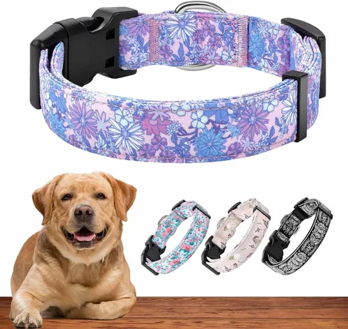 Vista 13 de Collar de perro para perros medianos y grandes, patrón acolchado de algodón con flores en collares de larga duración, ajustables, fuertes