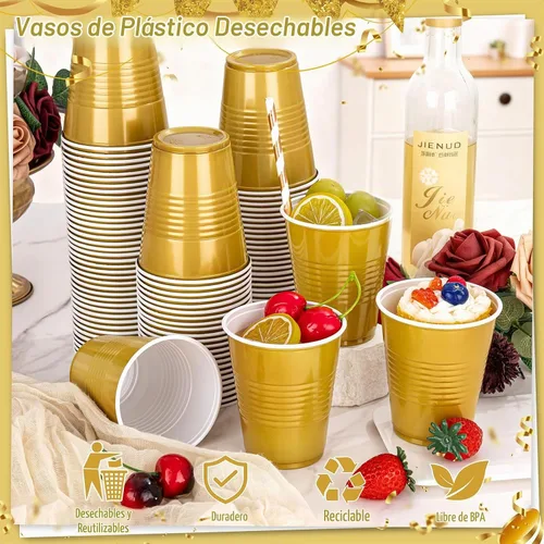 Vista 2 de WELLIFE 50 vasos de plástico dorados de 12 onzas, tazas de fiesta A-Oro