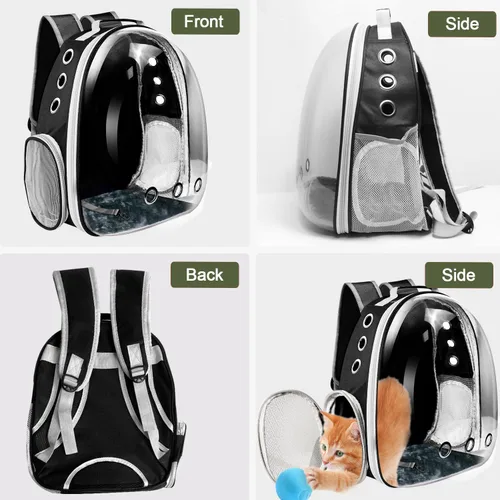 Vista 4 de Mochila transportadora para gatos, transportador de mascotas con diseño ventilado para transportar cachorros y gatos, mochila transportadora de Negro