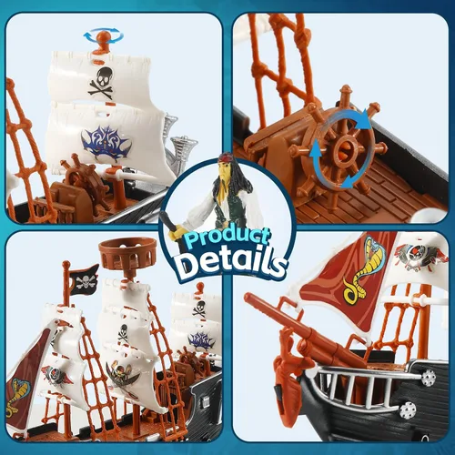 Vista 3 de Figuras de acción pirata, juego de barco pirata, juguetes de simulación de barco pirata con 6 figuras de acción y árbol, juguete de juego