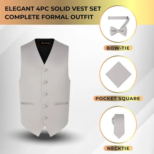 Vista 5 de Oliver George Chaleco de traje formal sólido para hombre, 4 piezas, chaleco de esmoquin, corbata, corbatín, pañuelo, conjunto para traje o esmoquin