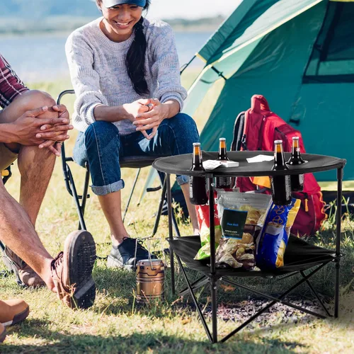 Vista 2 de Mesa de Camping - Mesa Plegable de 2 Niveles con 4 Portavasos y Bolsa de Transporte para Picnic, Tailgate, Playa o Campamento - Equipo de Camping