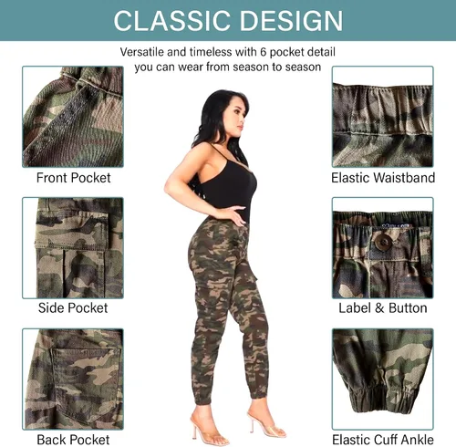 Vista 3 de Pantalones deportivos de cintura alta para mujer, pantalones deportivos casuales con cintura elástica tipo cargo con 6 bolsillos, Camuflaje C-01, 3X