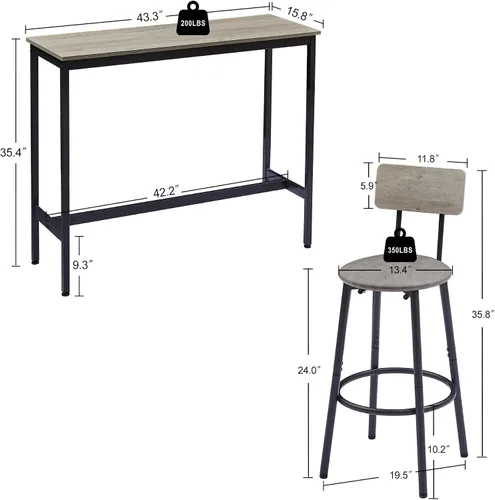Vista 2 de Juego de mesa de bar y 2 sillas, 3 piezas para espacios pequeños, mesa de comedor rectangular para 2 mesas de bar de altura de mostrador con 2 Gris