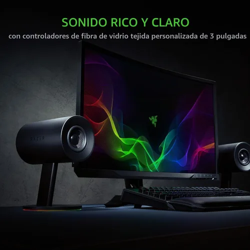 Vista 3 de Razer Nommo Chroma: Controladores de fibra de vidrio tejida personalizada de 3" - Puertos de graves orientados hacia atrás - Perilla de graves