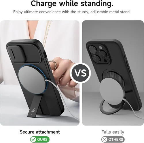 Vista 5 de SURITCH Funda para iPhone 12/12 Pro con cubierta magnética para cámara deslizante y soporte ajustable, compatible con MagSafe, funda protectora Negro