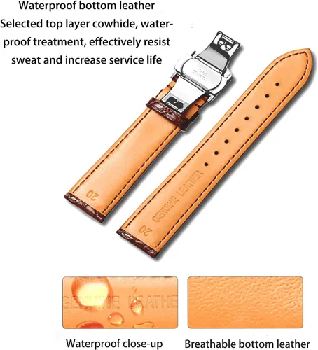 Vista 4 de Moran - Correa de cuero genuino con estampado de cocodrilo y cuero vacuno, hebilla de despliegue de repuesto, correa de reloj de 18 mm a 24 mm