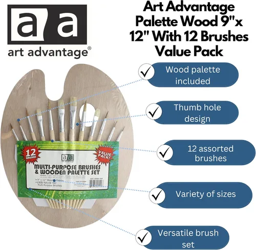 Vista 2 de Art Advantage paleta de madera con 12 pinceles.