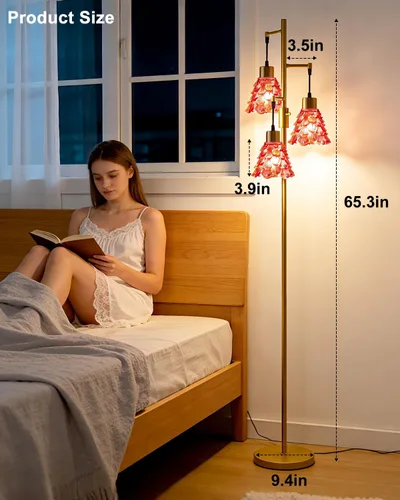 Vista 6 de Lámpara de pie moderna de cristal de 3 luces, lámpara alta de pie dorada con pantalla de vidrio de piña roja profunda, lámpara de pie LED regulable