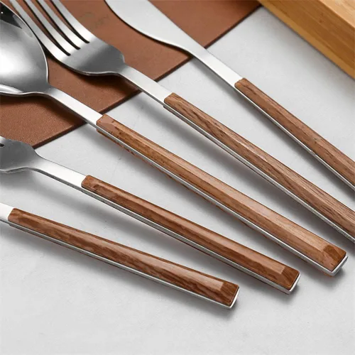 Vista 8 de Juego de cubiertos de madera para 6 cubiertos de acero inoxidable, mango de grano de madera, juego de cubiertos de 30 piezas, incluye cuchillos