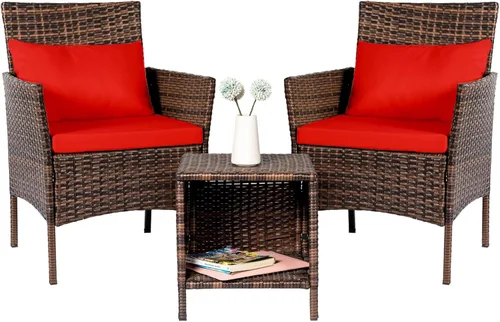 Vista 9 de Tappio Juego de 3 piezas para conversación de patio, muebles de porche y balcón, muebles de chat al aire libre, sillas de mimbre y mesa almacenable