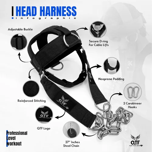 Vista 4 de QTF Arnés de cuello para entrenamiento de levantamiento de pesas, constructor de cuello grueso de neopreno acolchado ajustable para barbilla