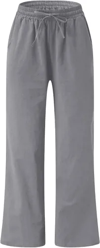 Vista 3 de Pantalones de pierna ancha para mujer, pantalones rectos de lino y algodón, pantalones de dibujo de cintura alta, pantalones holgados de color sólido