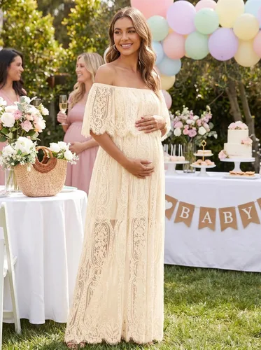 Vista 3 de Holipick Vestido Maxi de Encaje con Hombros Descubiertos para Mujer Estilo Boho Invitada de Boda Dama de Honor Playa Vestido Largo Formal Beige