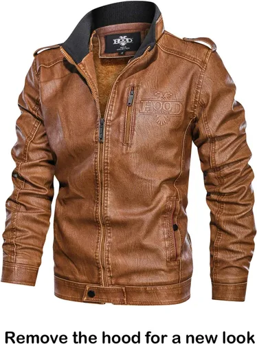 Vista 5 de HOOD CREW Chaqueta de motocicleta para hombre, con cuello alto, de piel sintética cálida, con cremallera y capucha extraíble, café, café.