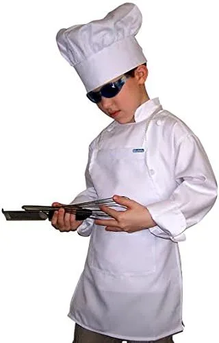 Vista 4 de Chefskin M White Kid Kids Chef Set (Apron+sombrero) Lite Tela Se adapta a 8-12